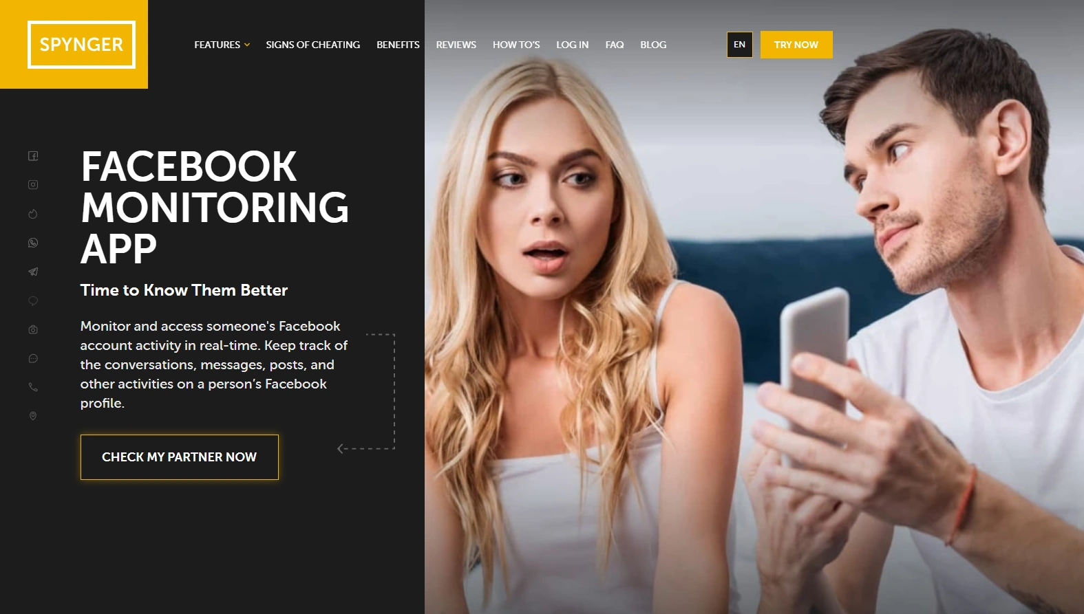 Screenshot of the Spynger Facebook landing page hero section.
