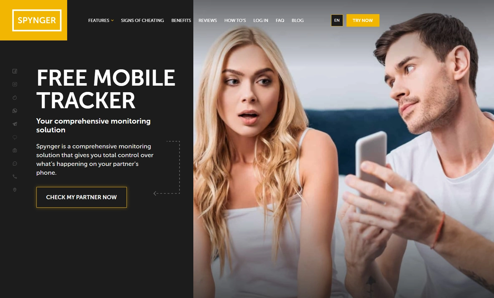Screenshot of the Spynger Free Tracker landing page hero section.