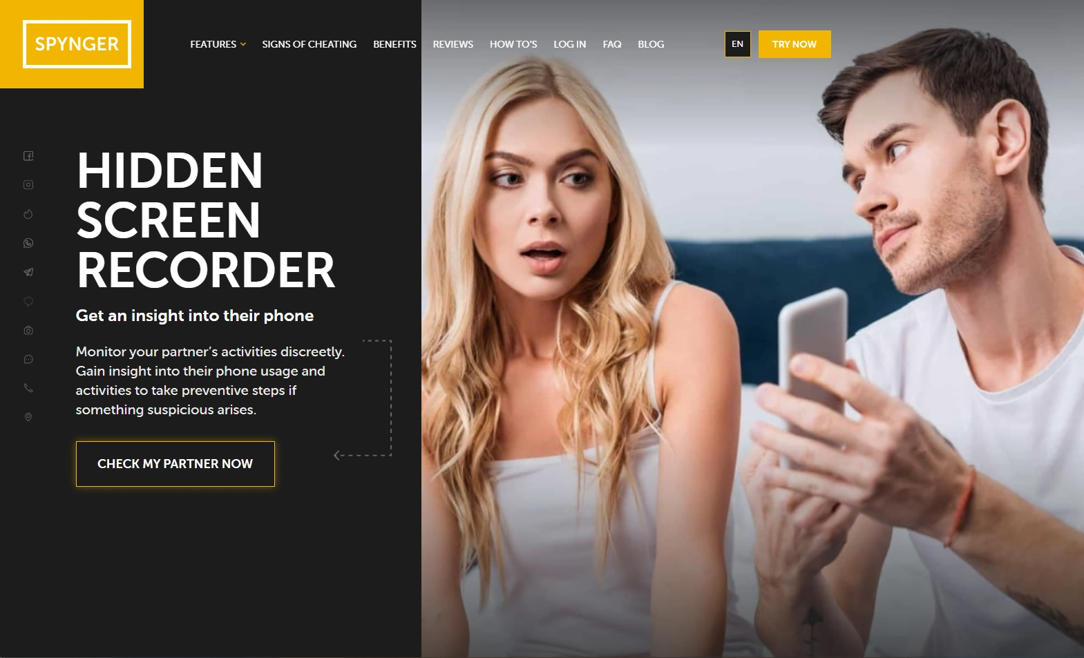 Screenshot of the Spynger Hidden Screen Recorder landing page hero section.