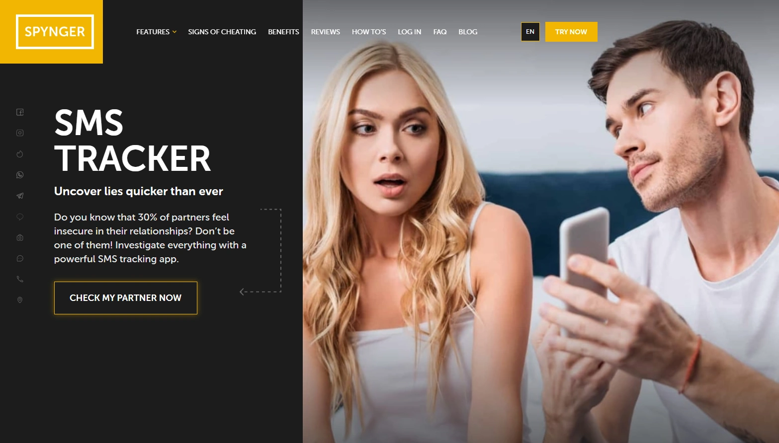 Screenshot of the Spynger SMS landing page hero section.