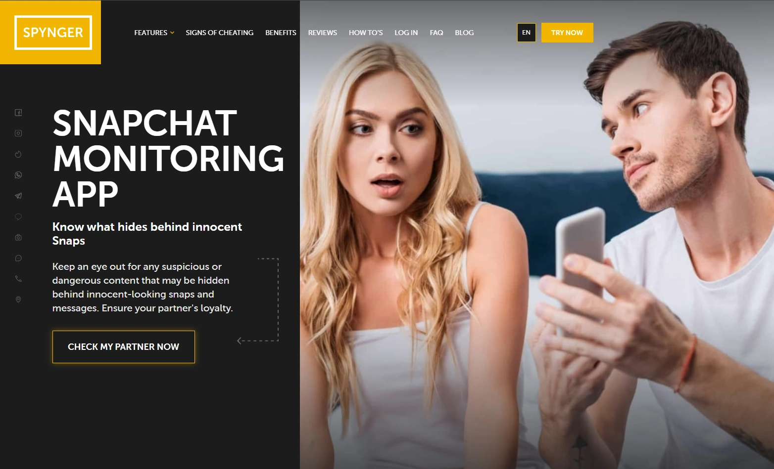 Screenshot of the Spynger Snapchat landing page hero section.