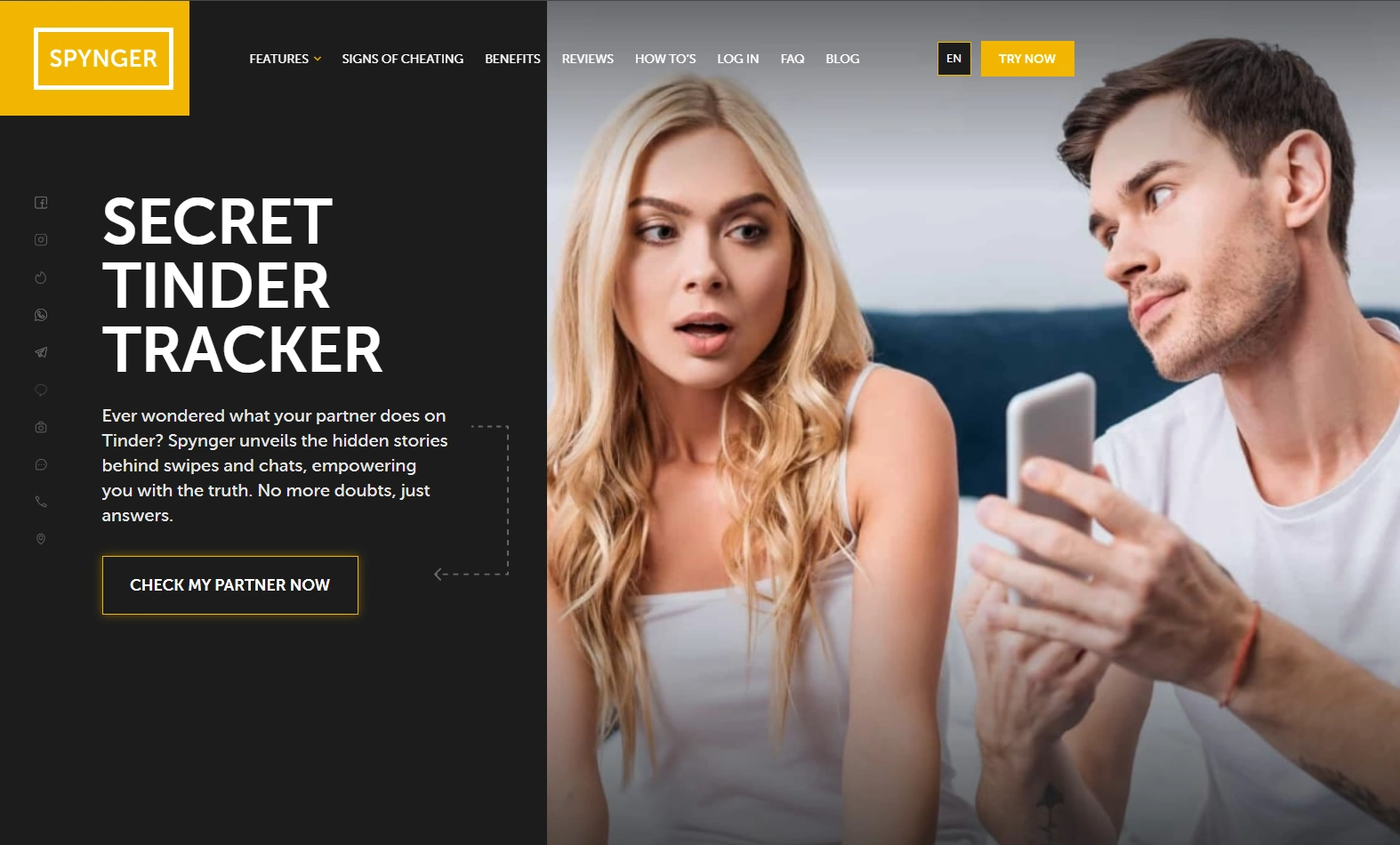 Screenshot of the Spynger Tinder landing page hero section.