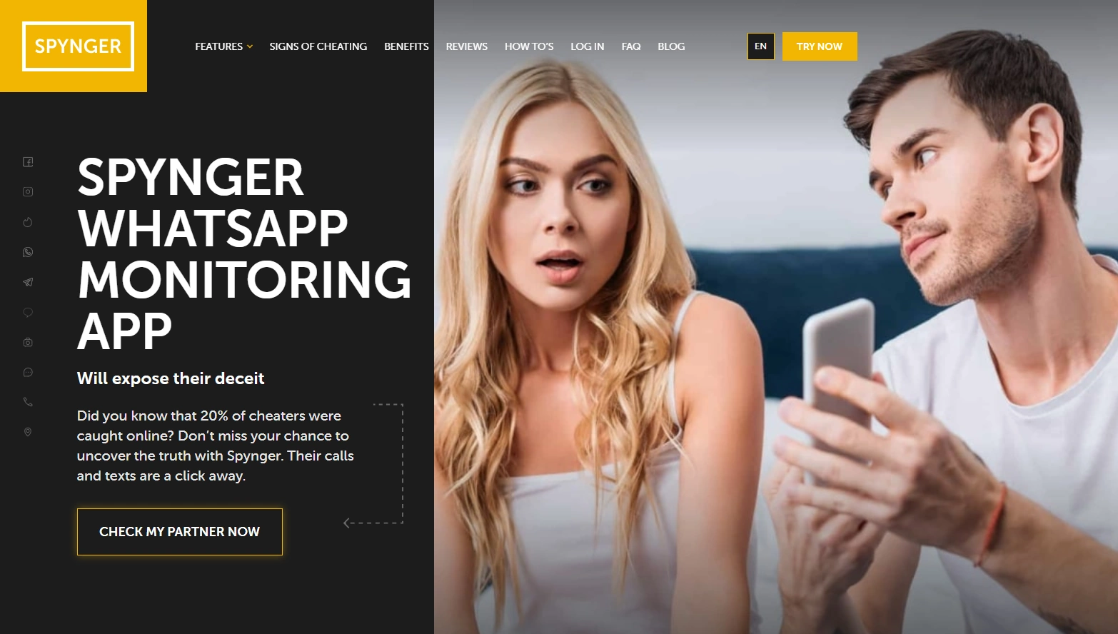 Screenshot of the Spynger WhatsApp landing page hero section.