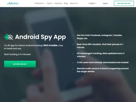 Screenshot of the uMobix Android Spy landing page hero section.