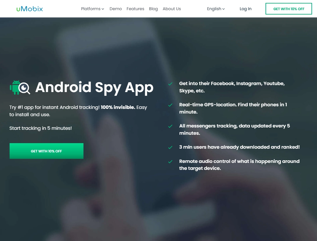 Screenshot of the uMobix Android Spy 10% OFF landing page hero section.