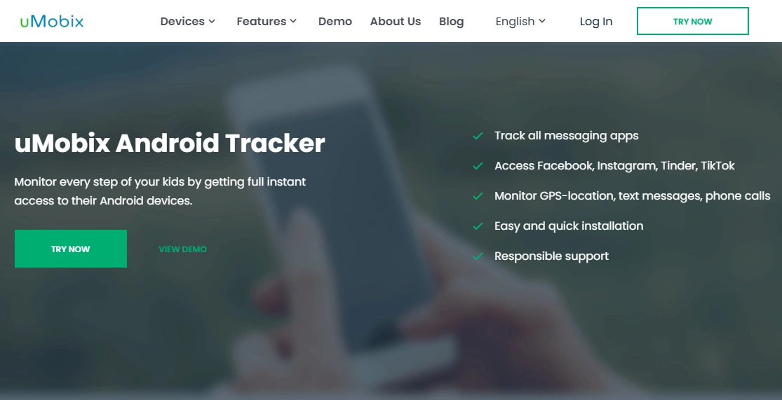 Screenshot of the uMobix Android Tracker landing page hero section.