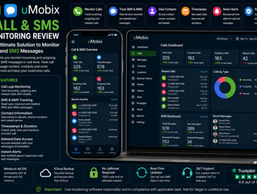 uMobix call and SMS monitoring review with a smartphone and laptop showing call logs, SMS messages, contact details, timestamps, alerts and monitoring dashboard.