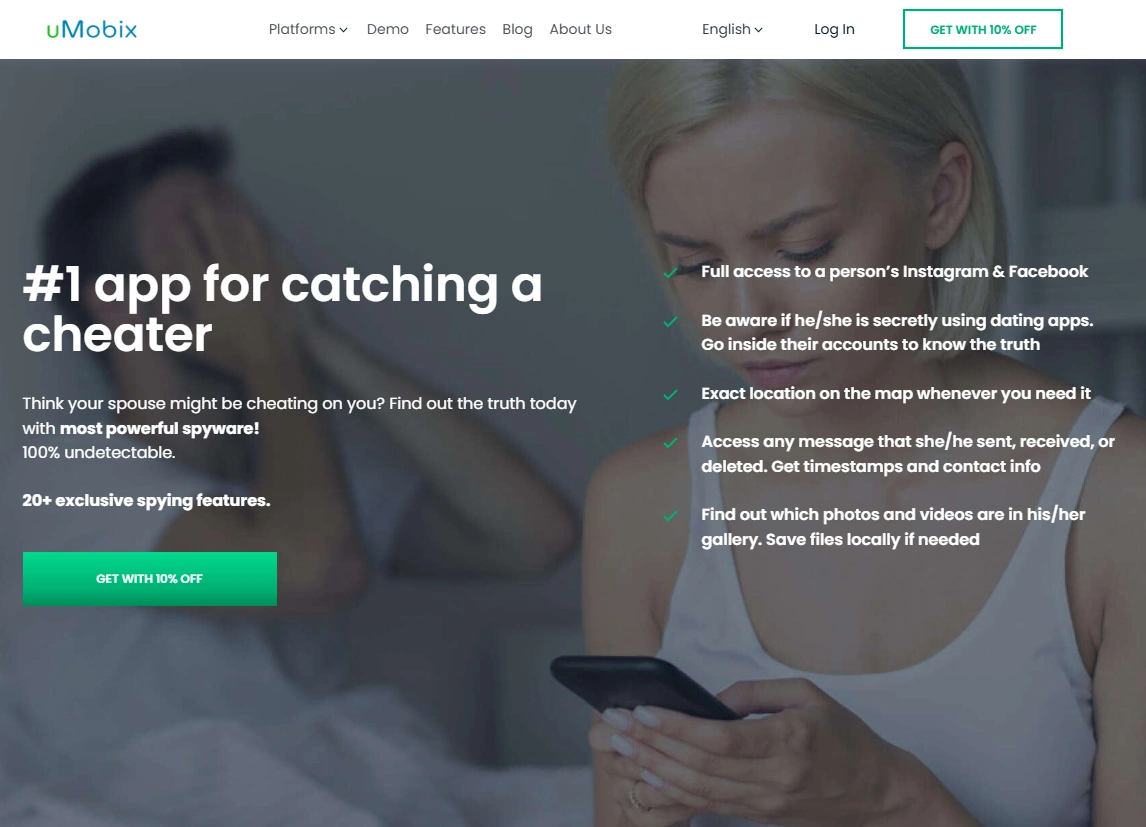 Screenshot of the uMobix Cheating Spy 10% OFF landing page hero section.