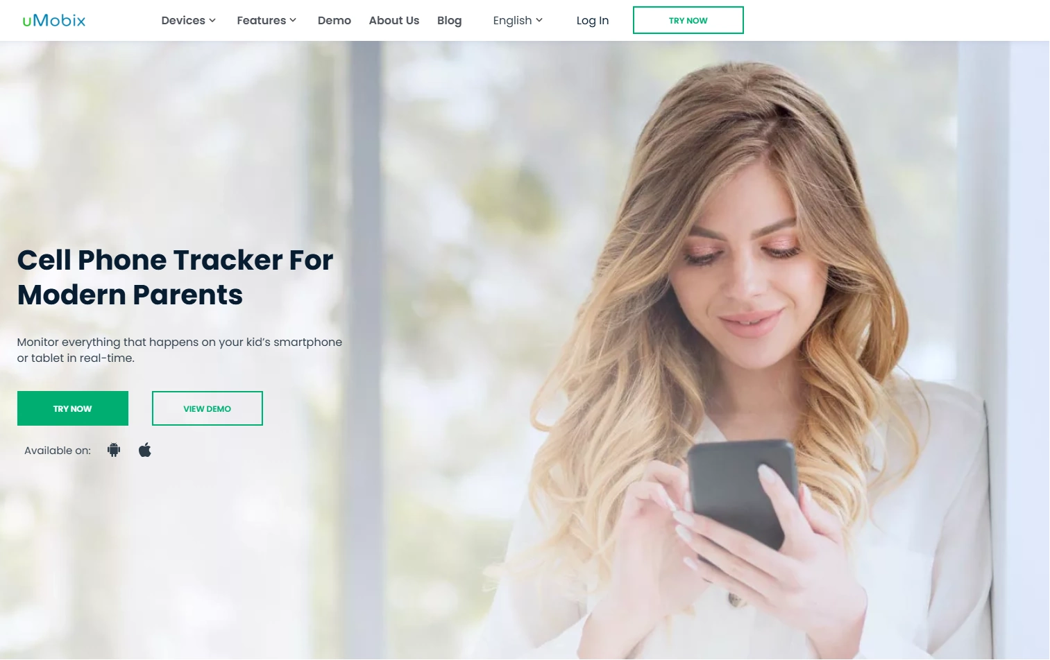Screenshot of the uMobix Default URL landing page hero section.