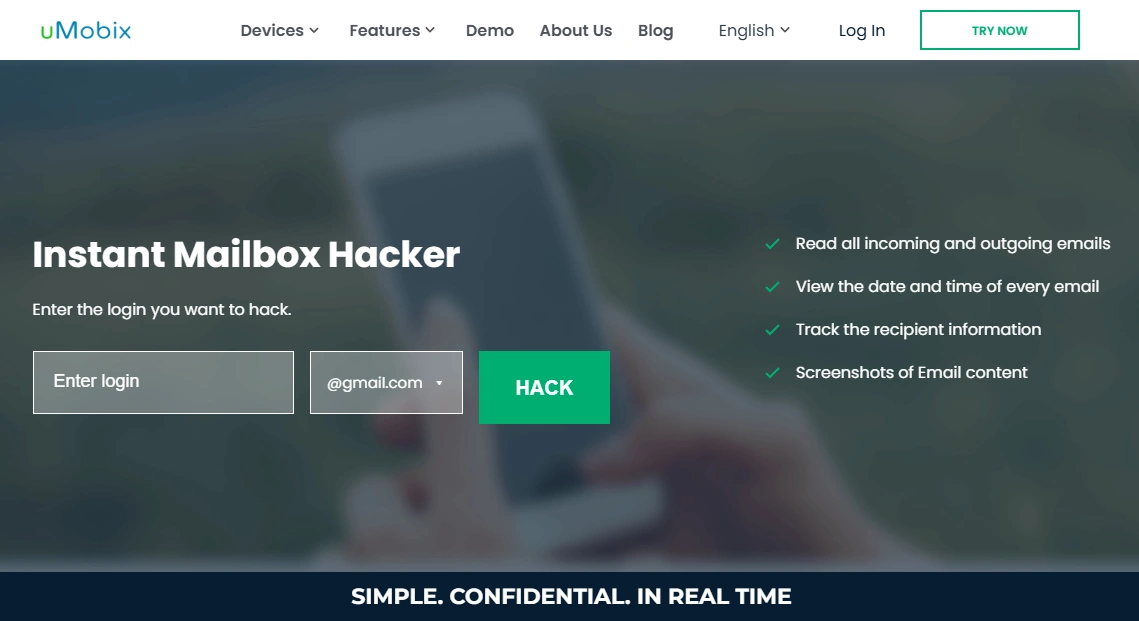 Screenshot of the uMobix Email Hacking landing page hero section.