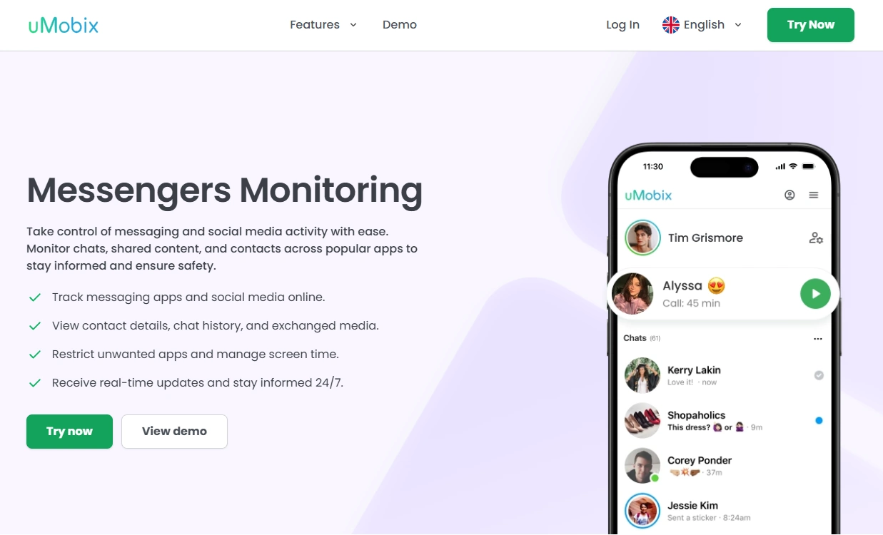 Screenshot of the uMobix Facebook Messenger Monitoring landing page hero section.