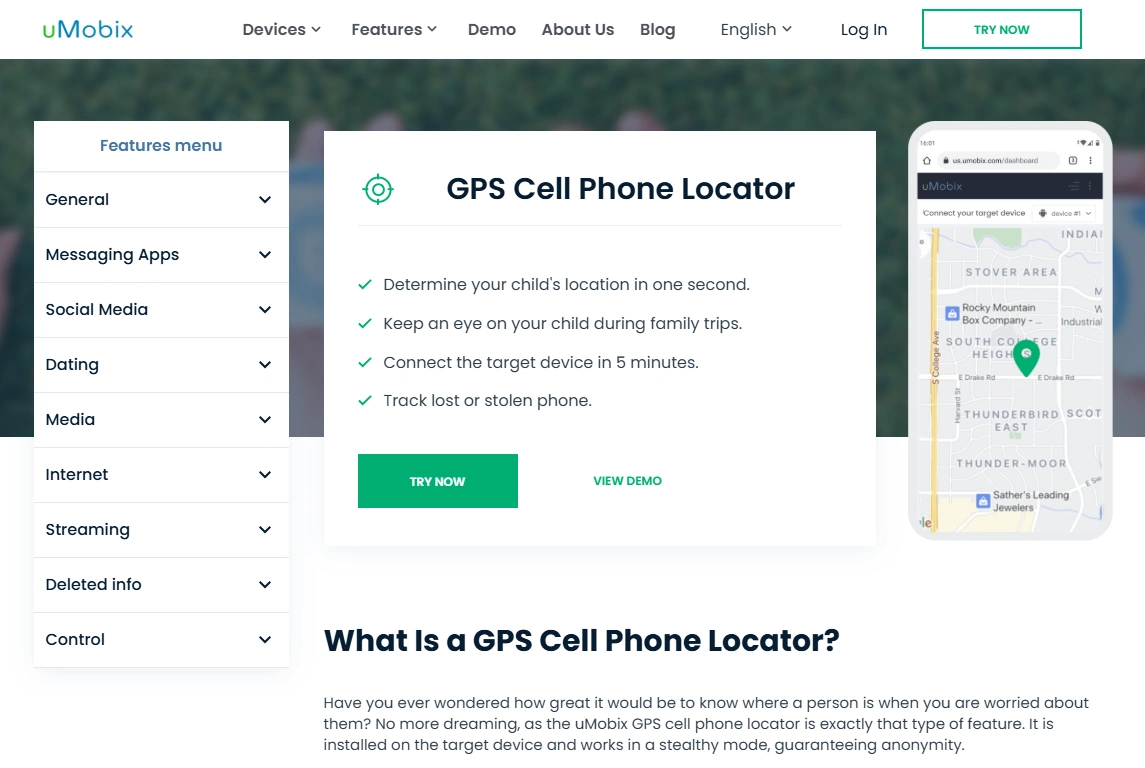 Screenshot of the uMobix GPS Cell Phone Locator landing page hero section.