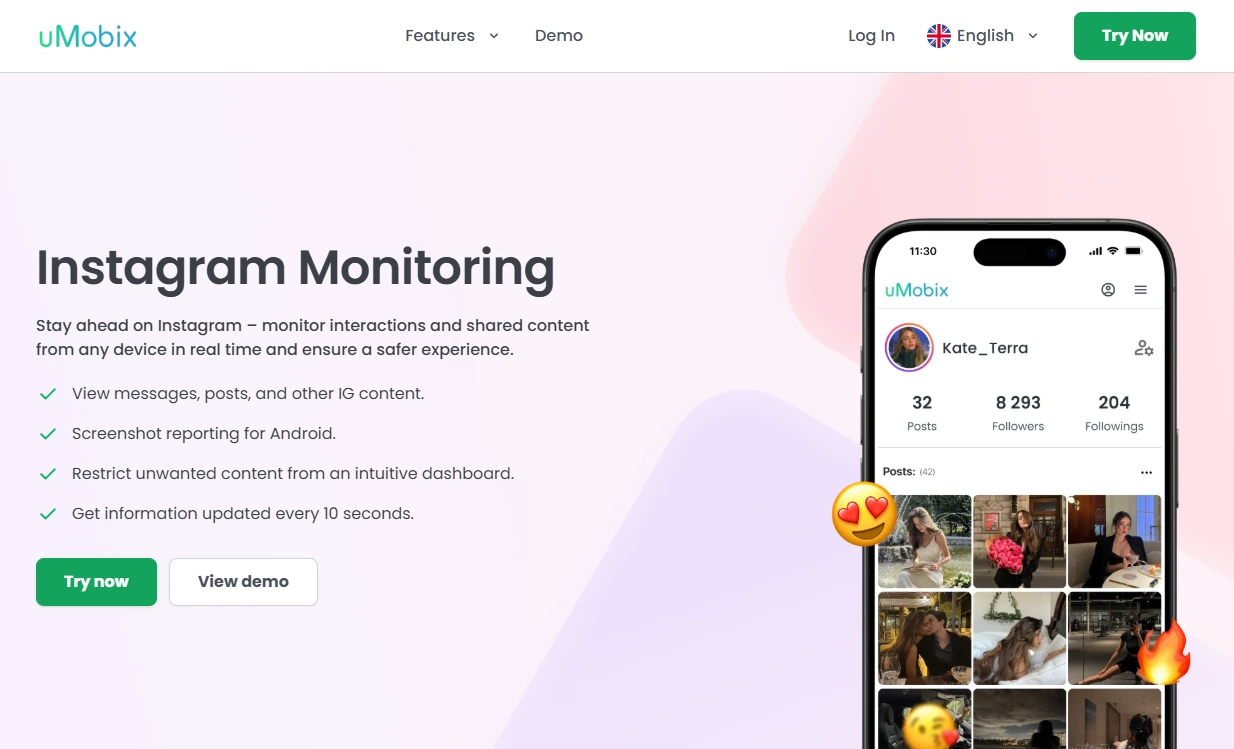 Screenshot of the uMobix Instagram Monitoring landing page hero section.