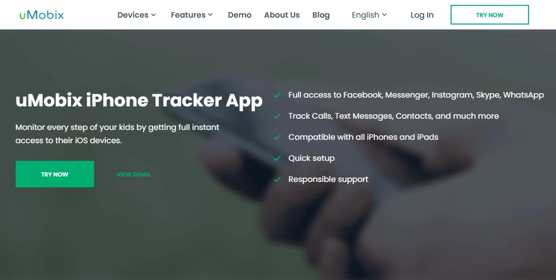 Screenshot of the uMobix iPhone Tracker landing page hero section.