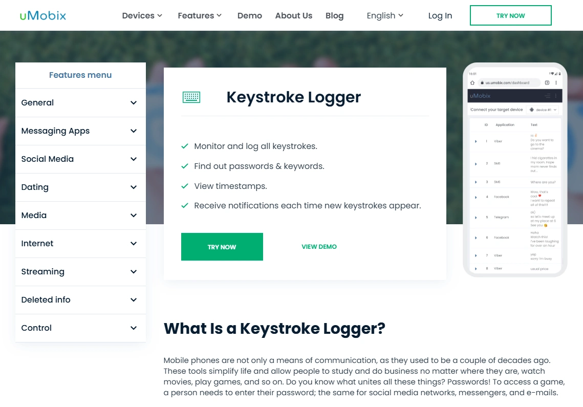 Screenshot of the uMobix Keylogger landing page hero section.