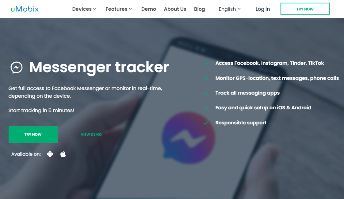 Screenshot of the uMobix Messenger Tracker landing page hero section.