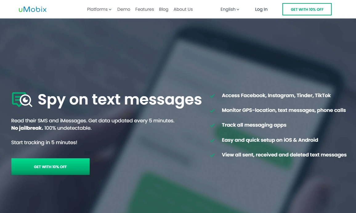 Screenshot of the uMobix SMS Spy 10% OFF landing page hero section.