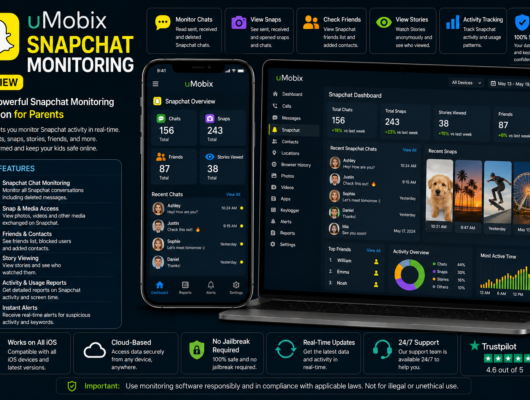 uMobix Snapchat monitoring review with a smartphone and laptop showing Snapchat chats, snaps, stories, friends, activity tracking and monitoring dashboard.