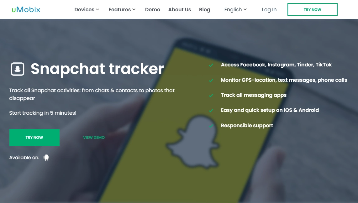 Screenshot of the uMobix Snapchat Monitoring landing page hero section.