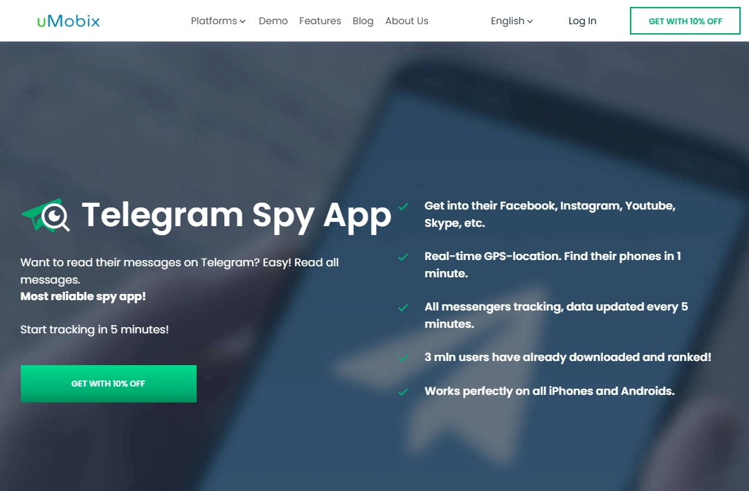 Screenshot of the uMobix Telegram Monitoring 10% OFF landing page hero section.