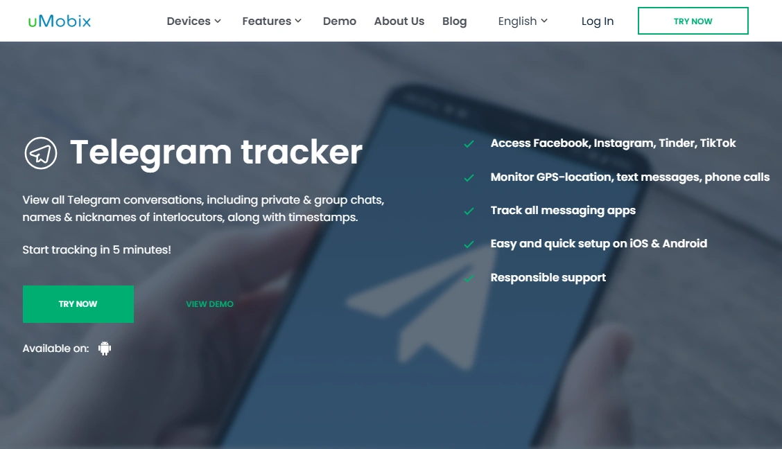 Screenshot of the uMobix Telegram Tracker landing page hero section.