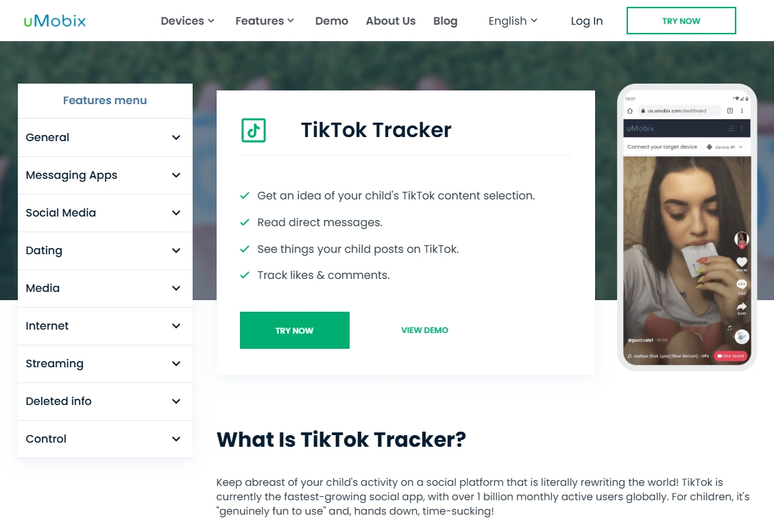 Screenshot of the uMobix TikTok Monitoring landing page hero section.