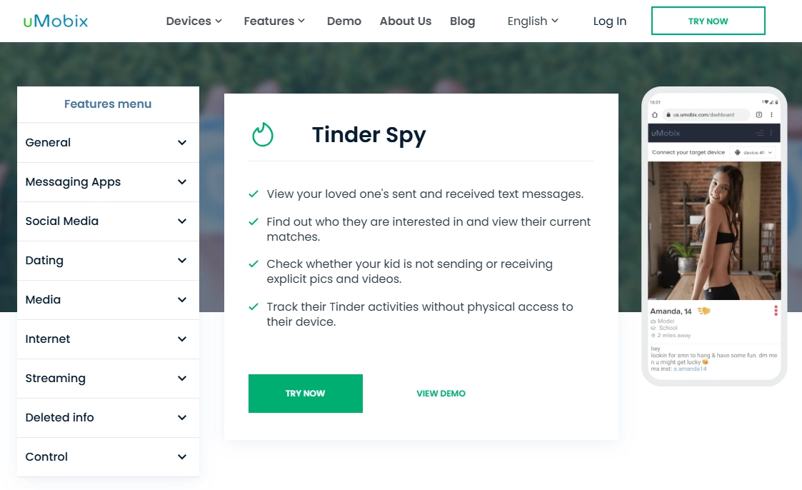 Screenshot of the uMobix Tinder Spy landing page hero section.