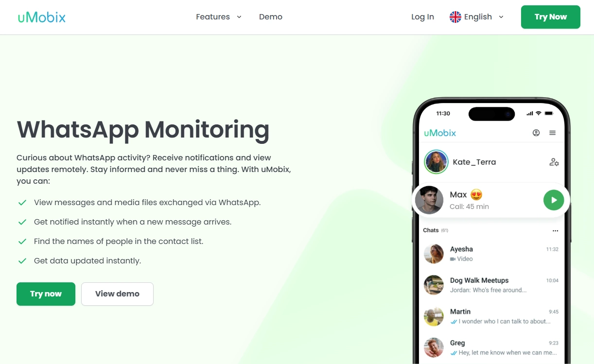 Screenshot of the uMobix WhatsApp Monitoring landing page hero section.
