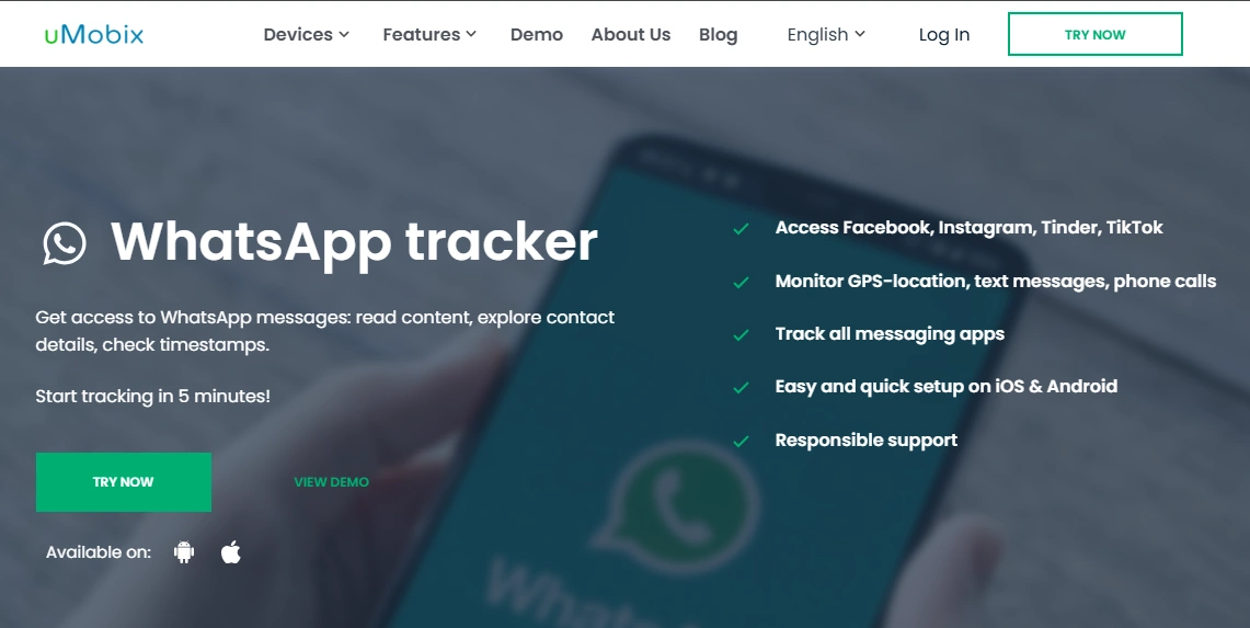 Screenshot of the uMobix WhatsApp Monitoring landing page hero section.