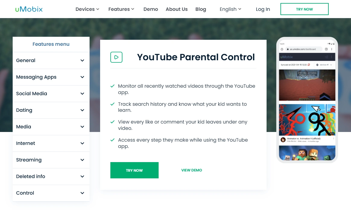 Screenshot of the uMobix YouTube Parental Control landing page hero section.