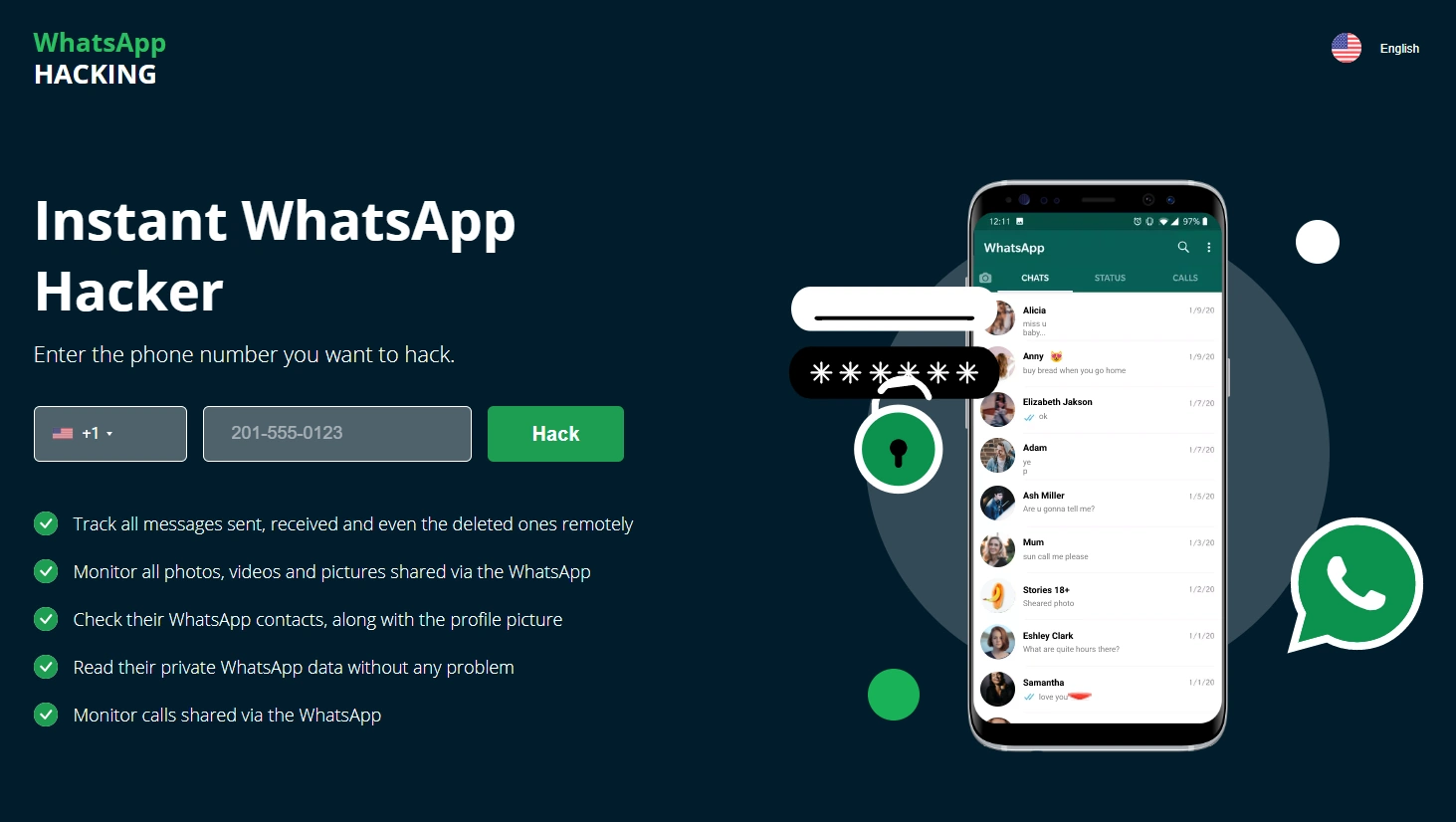 Screenshot of the xMobi Instant WhatsApp Hacker landing page hero section.