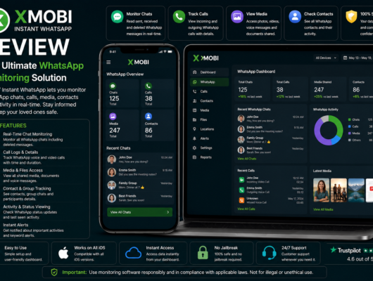 xMobi Instant WhatsApp review with a smartphone and laptop showing WhatsApp chats, calls, media files, contacts, groups and activity dashboard.