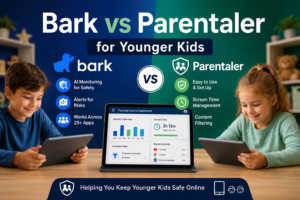 Featured image for Bark vs Parentaler for Younger Kids showing a comparison of parental control apps with tablets, safety monitoring, screen time management, and content filtering icons.