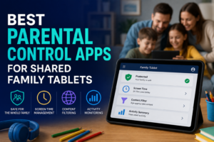 Featured image for Best Parental Control Apps for Shared Family Tablets showing a family tablet with parental control features, screen time management, content filtering, and activity monitoring.