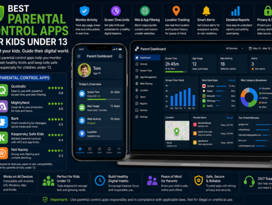 Best parental control apps for kids under 13 comparison with a smartphone and laptop showing screen time limits, app usage, web filtering, location tracking, alerts and reports.